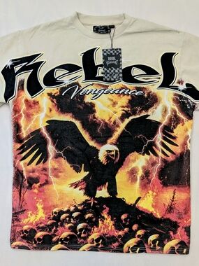 rebels Short Sleeve Graphic Tee in Beige with Black and Yellow Flames